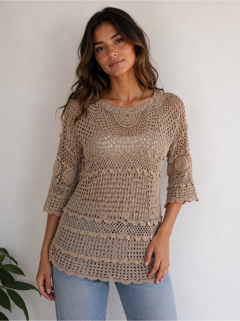 Sweet Magnolia Crochet Tunic Top XXL 100% Cotton Boho Beige